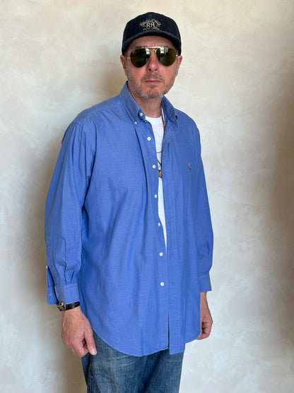 Ralph Lauren YARMOUTH Button-Down Shirt Large | Solid Blue Pinpoint Oxford Cotton | Mens Classic Shirt