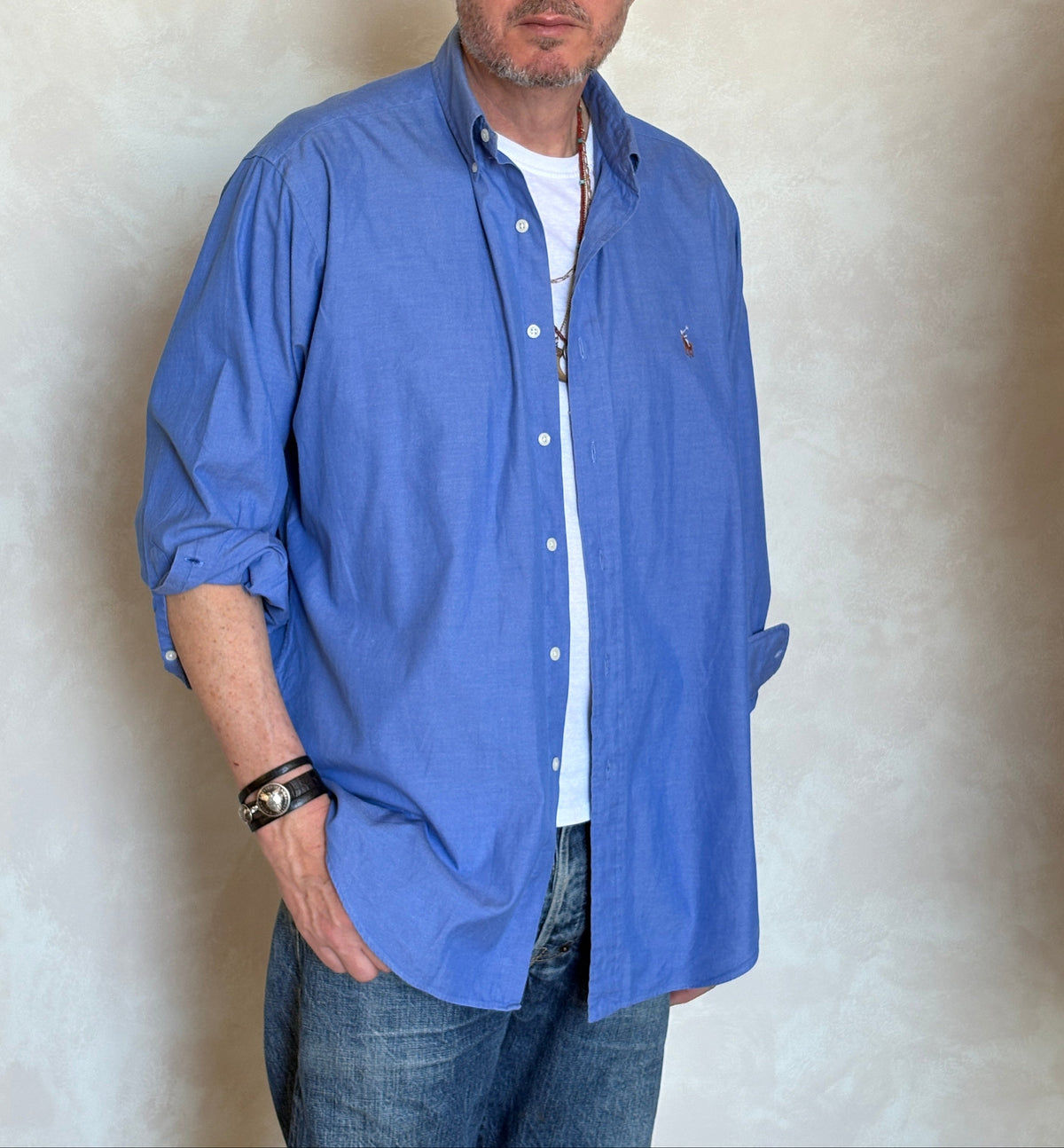 Ralph Lauren YARMOUTH Button-Down Shirt Large | Solid Blue Pinpoint Oxford Cotton | Mens Classic Shirt-AJ357 Studio