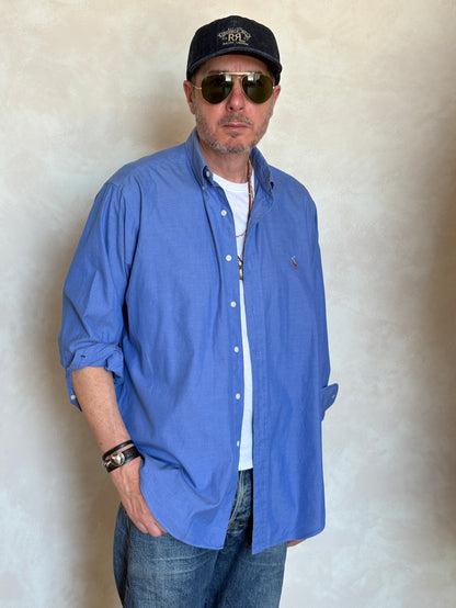 Ralph Lauren YARMOUTH Button-Down Shirt Large | Solid Blue Pinpoint Oxford Cotton | Mens Classic Shirt