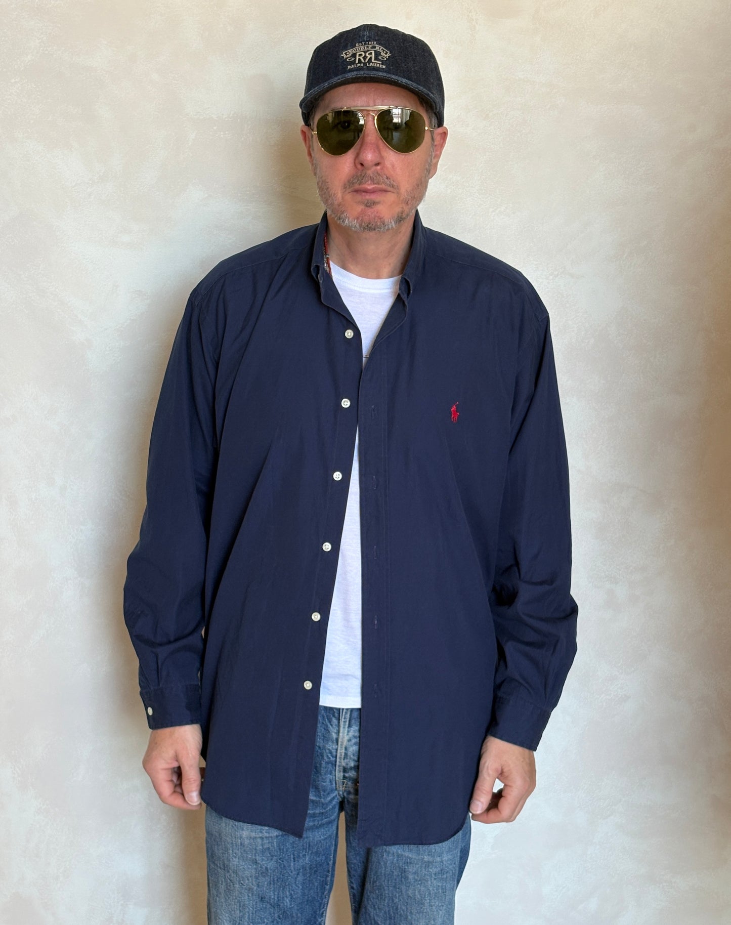 Ralph Lauren BLAKE Button-Down Shirt Large | Solid Navy Two-Ply Cotton | Mens Classic Shirt