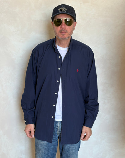 Ralph Lauren BLAKE Button-Down Shirt Large | Solid Navy Two-Ply Cotton | Mens Classic Shirt