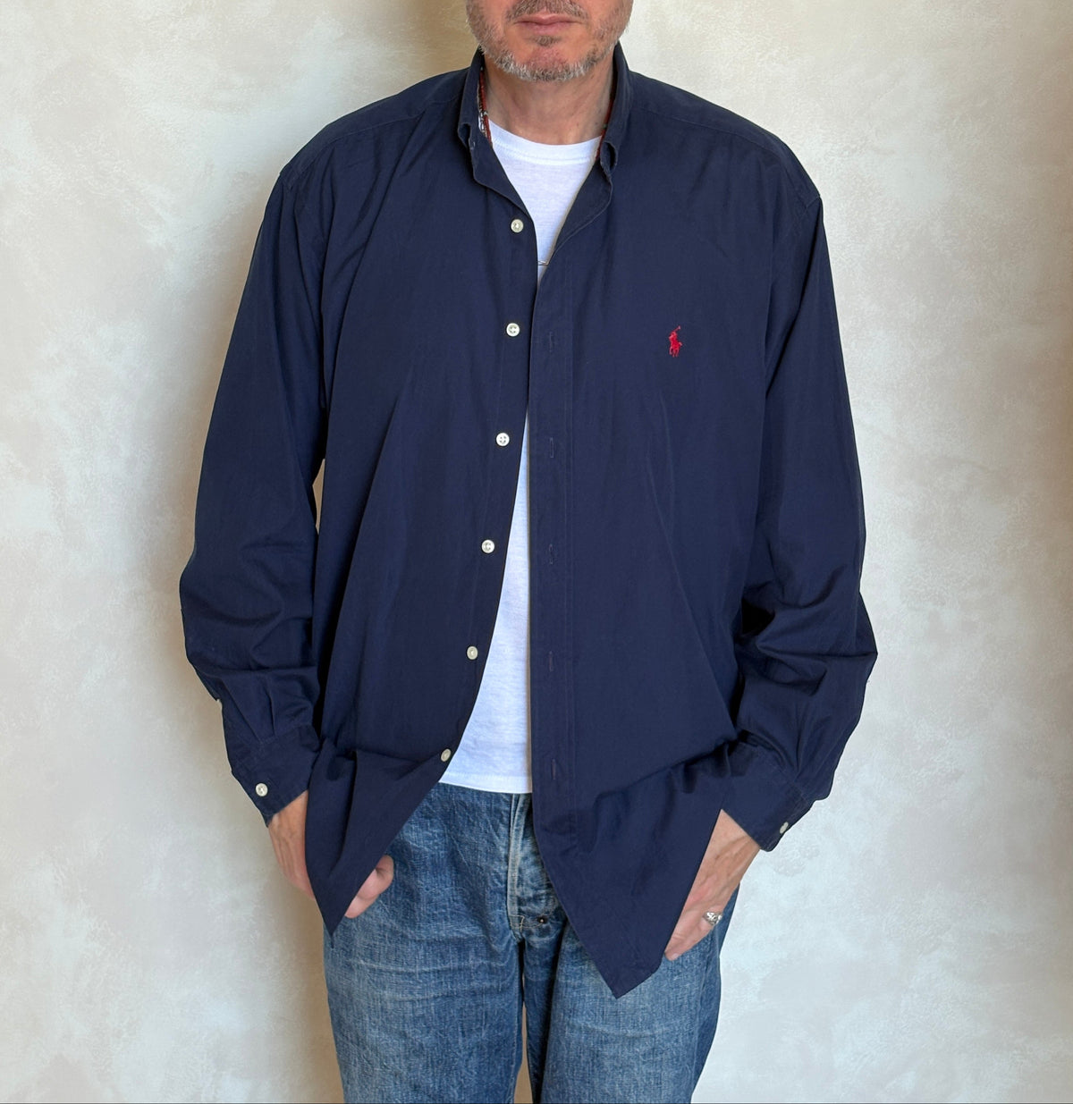 Ralph Lauren BLAKE Button-Down Shirt Large | Solid Navy Two-Ply Cotton | Mens Classic Shirt-AJ357 Studio