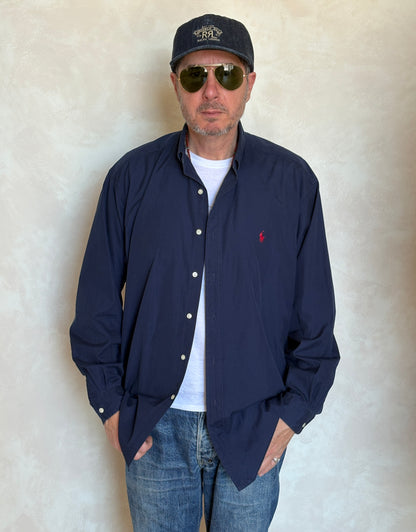 Ralph Lauren BLAKE Button-Down Shirt Large | Solid Navy Two-Ply Cotton | Mens Classic Shirt