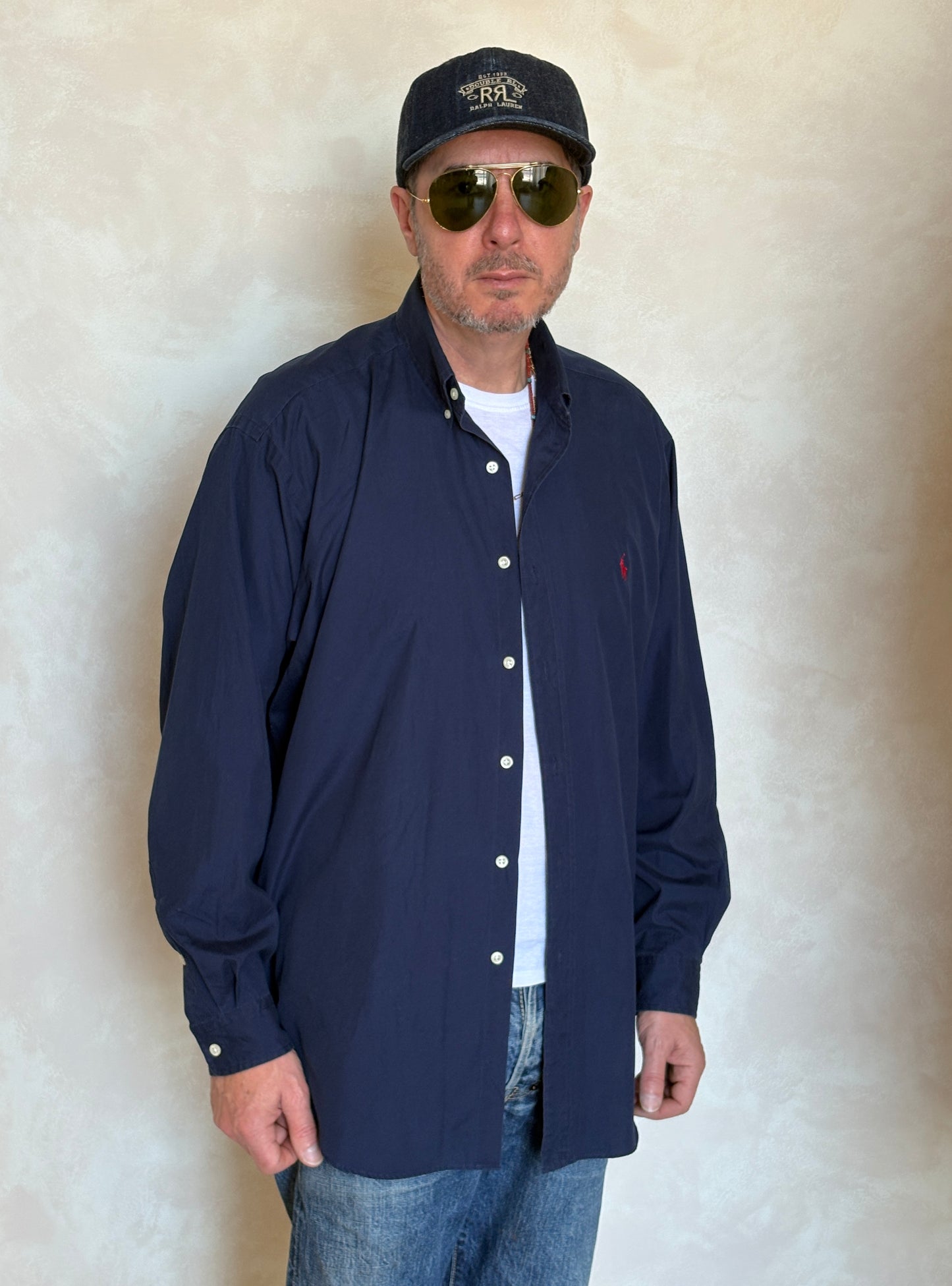Ralph Lauren BLAKE Button-Down Shirt Large | Solid Navy Two-Ply Cotton | Mens Classic Shirt