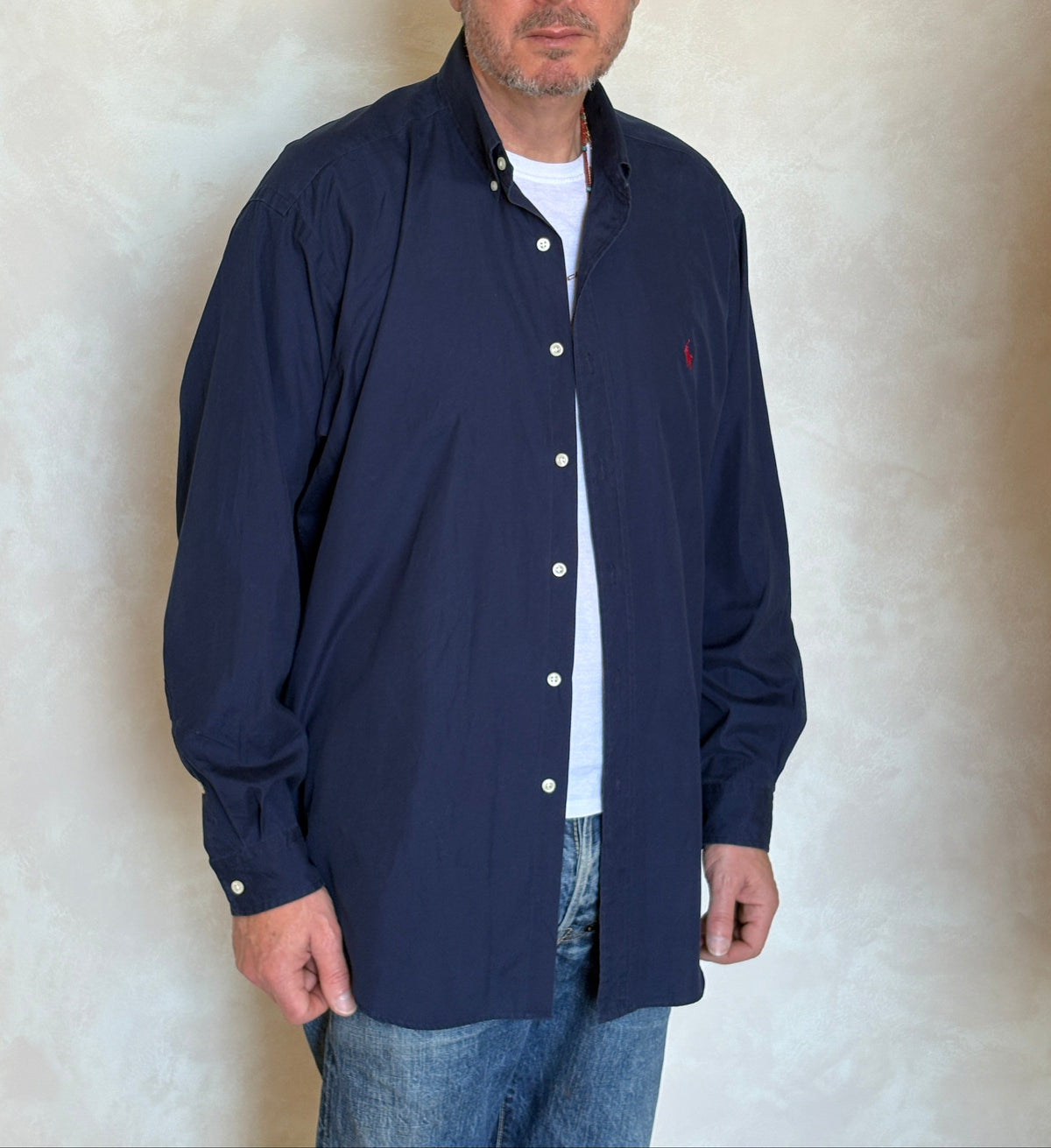 Ralph Lauren BLAKE Button-Down Shirt Large | Solid Navy Two-Ply Cotton | Mens Classic Shirt-AJ357 Studio