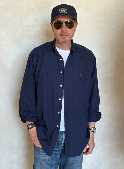 Ralph Lauren BLAKE Button-Down Shirt Large | Solid Navy Two-Ply Cotton | Mens Classic Shirt