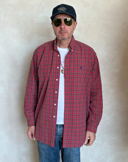Ralph Lauren BLAKE Button-Down Shirt Medium | Red Tartan Plaid Two-Ply Cotton | Made in Sri Lanka | Mens Classic Shirt