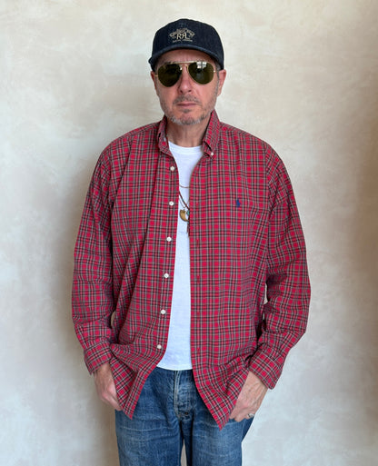 Ralph Lauren BLAKE Button-Down Shirt Medium | Red Tartan Plaid Two-Ply Cotton | Made in Sri Lanka | Mens Classic Shirt