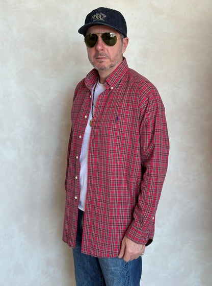 Ralph Lauren BLAKE Button-Down Shirt Medium | Red Tartan Plaid Two-Ply Cotton | Made in Sri Lanka | Mens Classic Shirt