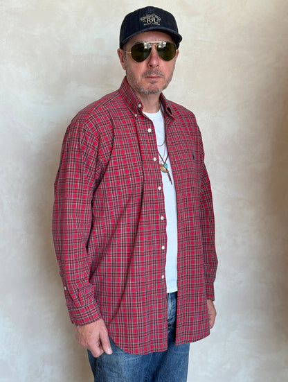 Ralph Lauren BLAKE Button-Down Shirt Medium | Red Tartan Plaid Two-Ply Cotton | Made in Sri Lanka | Mens Classic Shirt