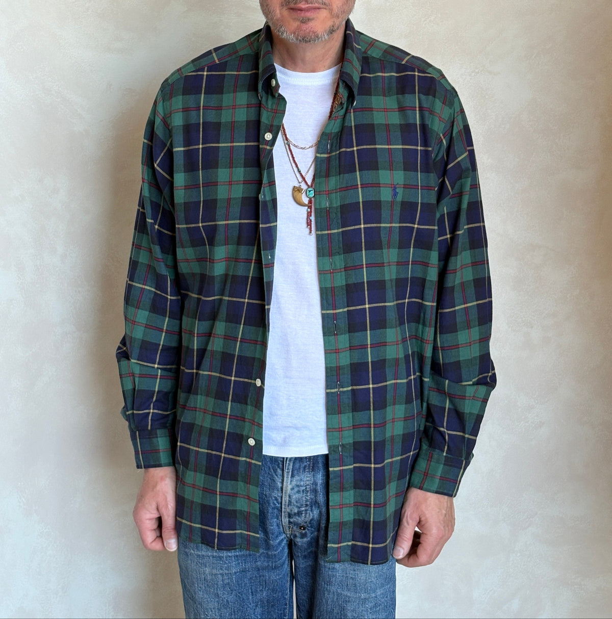 Ralph Lauren Classic Fit Button-Down Shirt Large | Green Navy Tartan Plaid | Mens Classic Shirt-AJ357 Studio