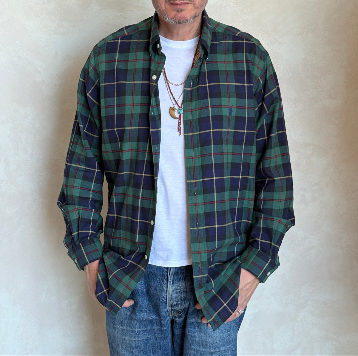Ralph Lauren Classic Fit Button-Down Shirt Large | Green Navy Tartan Plaid | Mens Classic Shirt-AJ357 Studio
