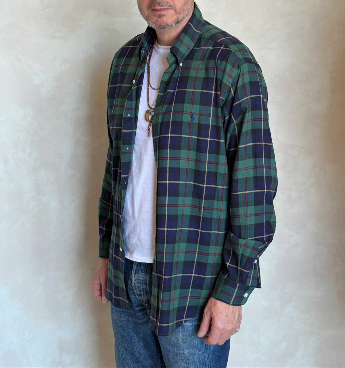 Ralph Lauren Classic Fit Button-Down Shirt Large | Green Navy Tartan Plaid | Mens Classic Shirt-AJ357 Studio