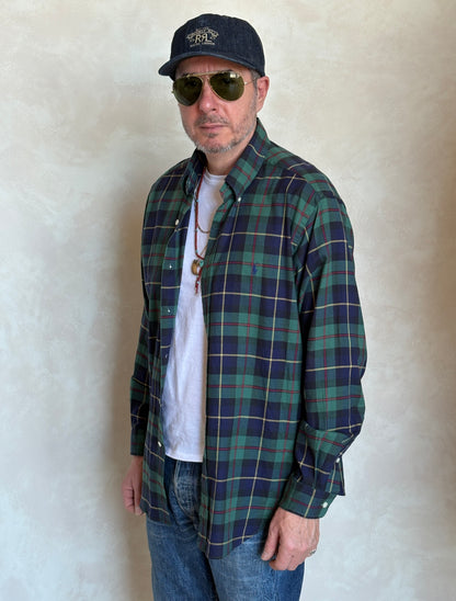 Ralph Lauren Classic Fit Button-Down Shirt Large | Green Navy Tartan Plaid | Mens Classic Shirt