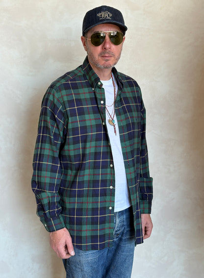 Ralph Lauren Classic Fit Button-Down Shirt Large | Green Navy Tartan Plaid | Mens Classic Shirt