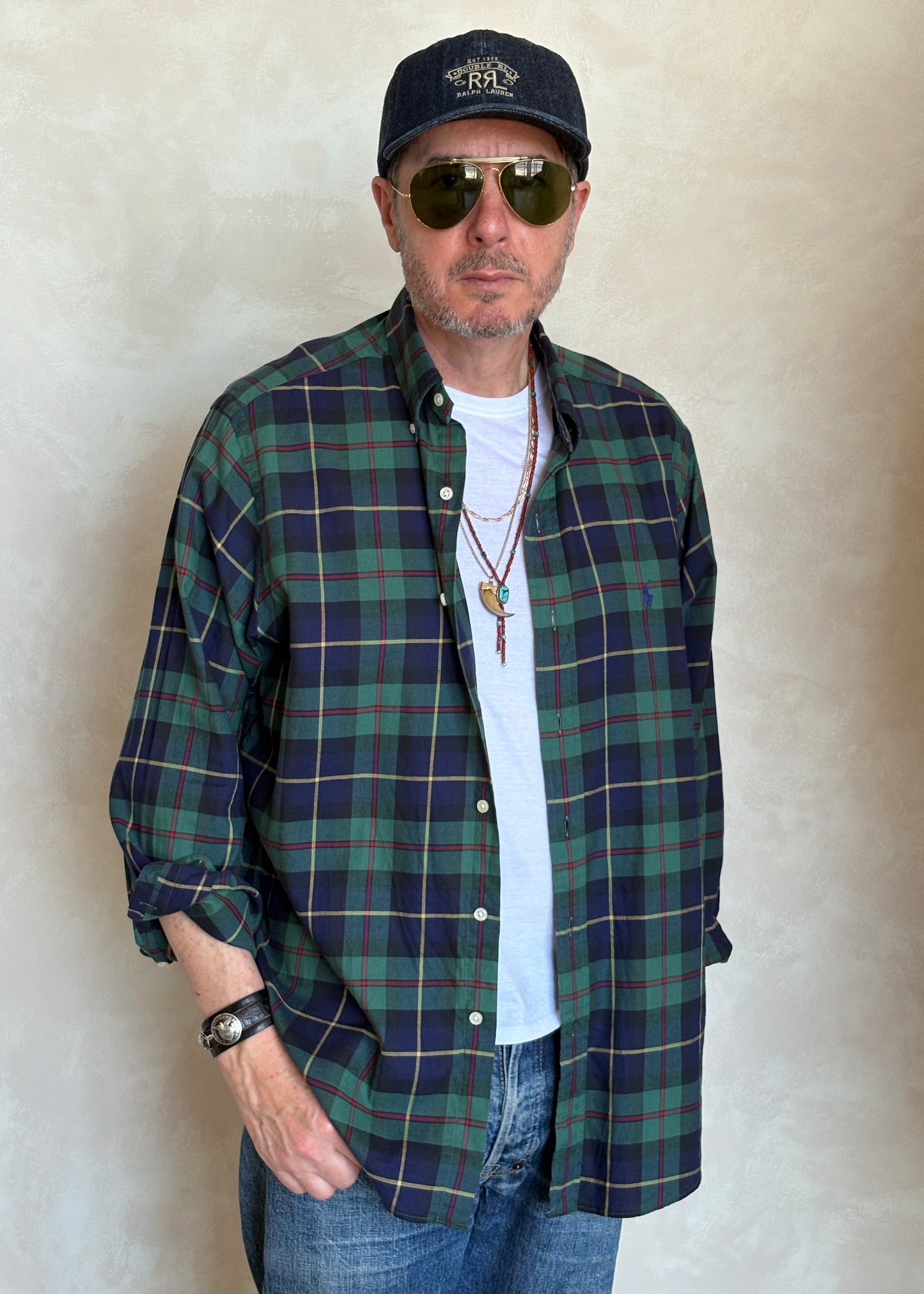 Ralph Lauren Classic Fit Button-Down Shirt Large | Green Navy Tartan Plaid | Mens Classic Shirt