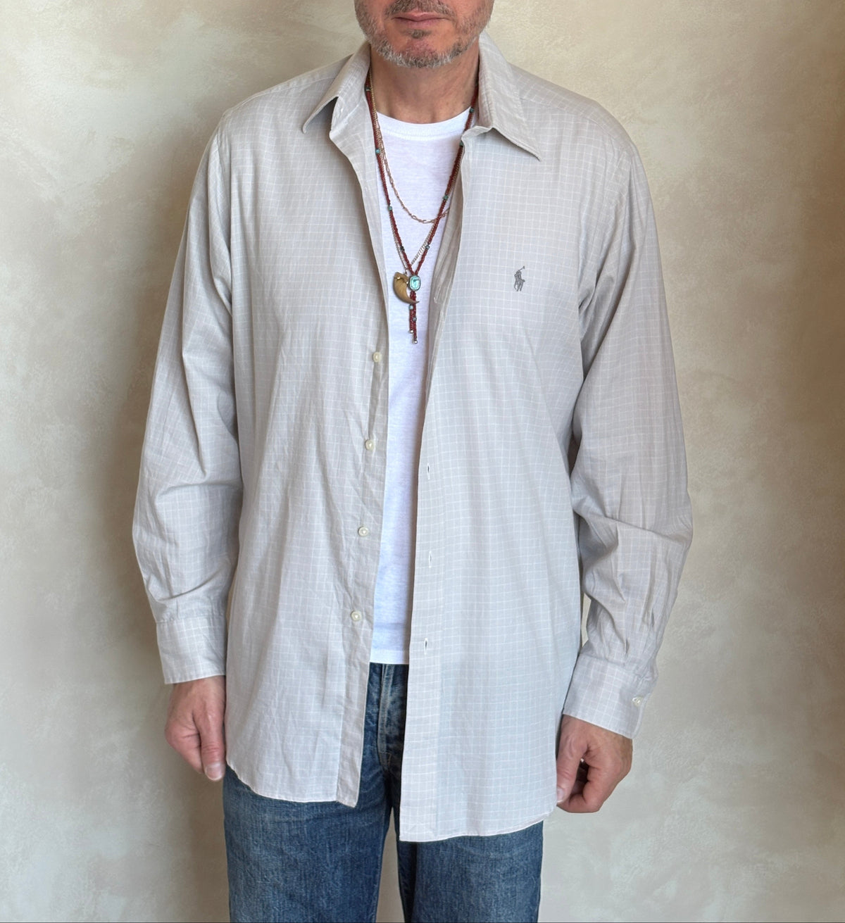 Polo by Ralph Lauren ANDREW Shirt 16-34/35 Large | Grey Windowpane Check Cotton | Vintage Mens Shirt-AJ357 Studio