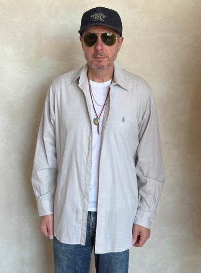 Polo by Ralph Lauren ANDREW Shirt 16-34/35 Large | Grey Windowpane Check Cotton | Vintage Mens Shirt