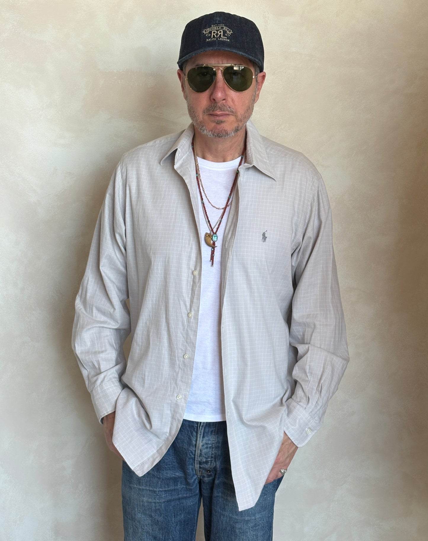 Polo by Ralph Lauren ANDREW Shirt 16-34/35 Large | Grey Windowpane Check Cotton | Vintage Mens Shirt