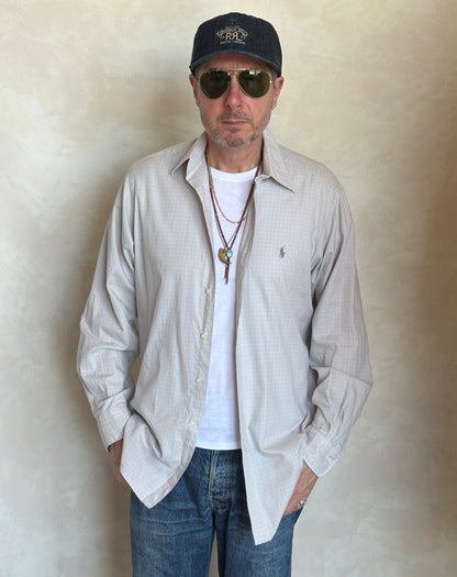 Polo by Ralph Lauren ANDREW Shirt 16-34/35 Large | Grey Windowpane Check Cotton | Vintage Mens Shirt