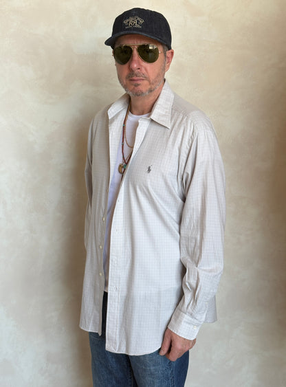 Polo by Ralph Lauren ANDREW Shirt 16-34/35 Large | Grey Windowpane Check Cotton | Vintage Mens Shirt