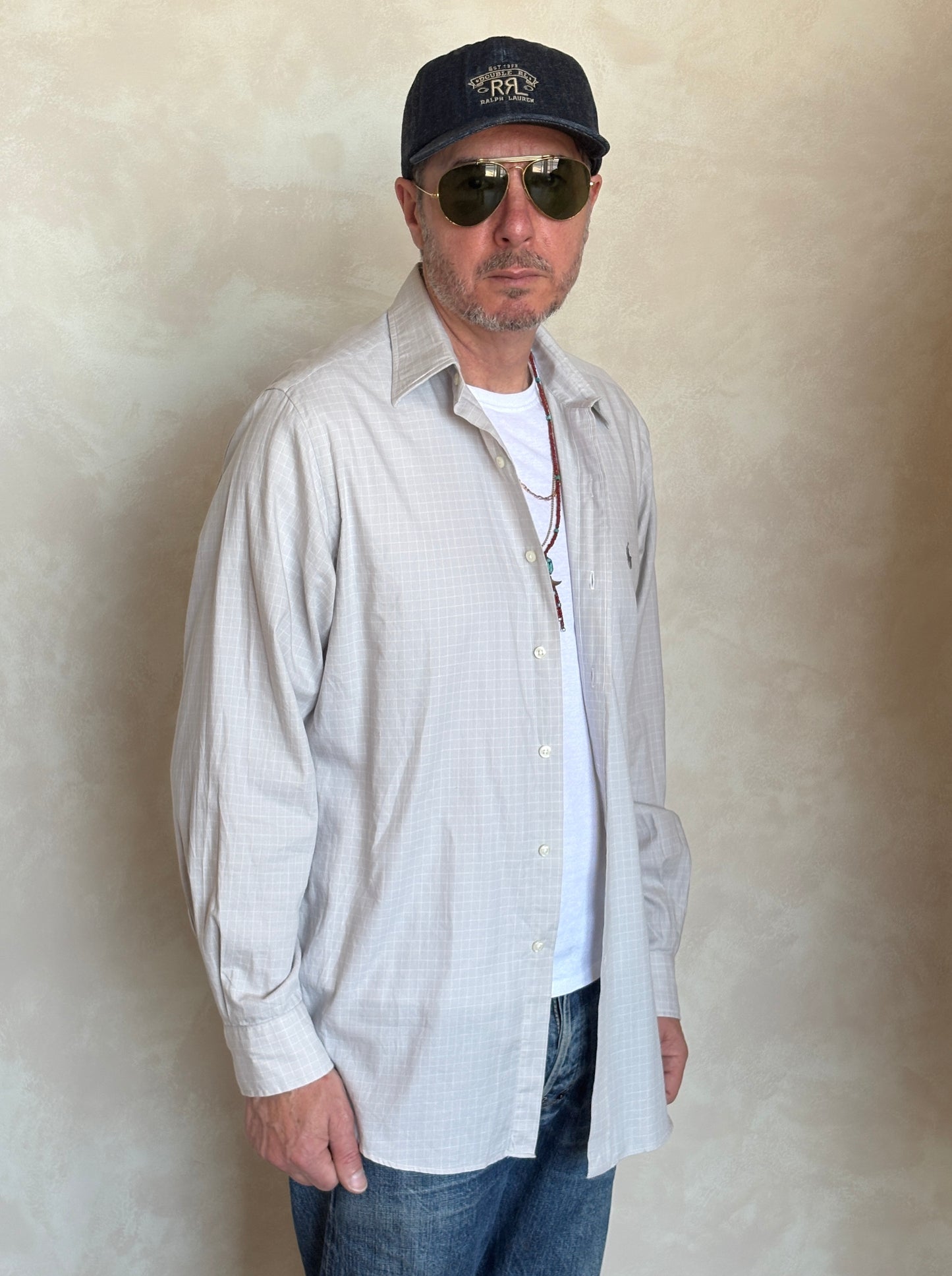 Polo by Ralph Lauren ANDREW Shirt 16-34/35 Large | Grey Windowpane Check Cotton | Vintage Mens Shirt