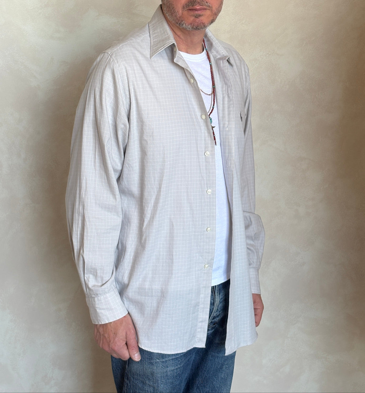 Polo by Ralph Lauren ANDREW Shirt 16-34/35 Large | Grey Windowpane Check Cotton | Vintage Mens Shirt-AJ357 Studio
