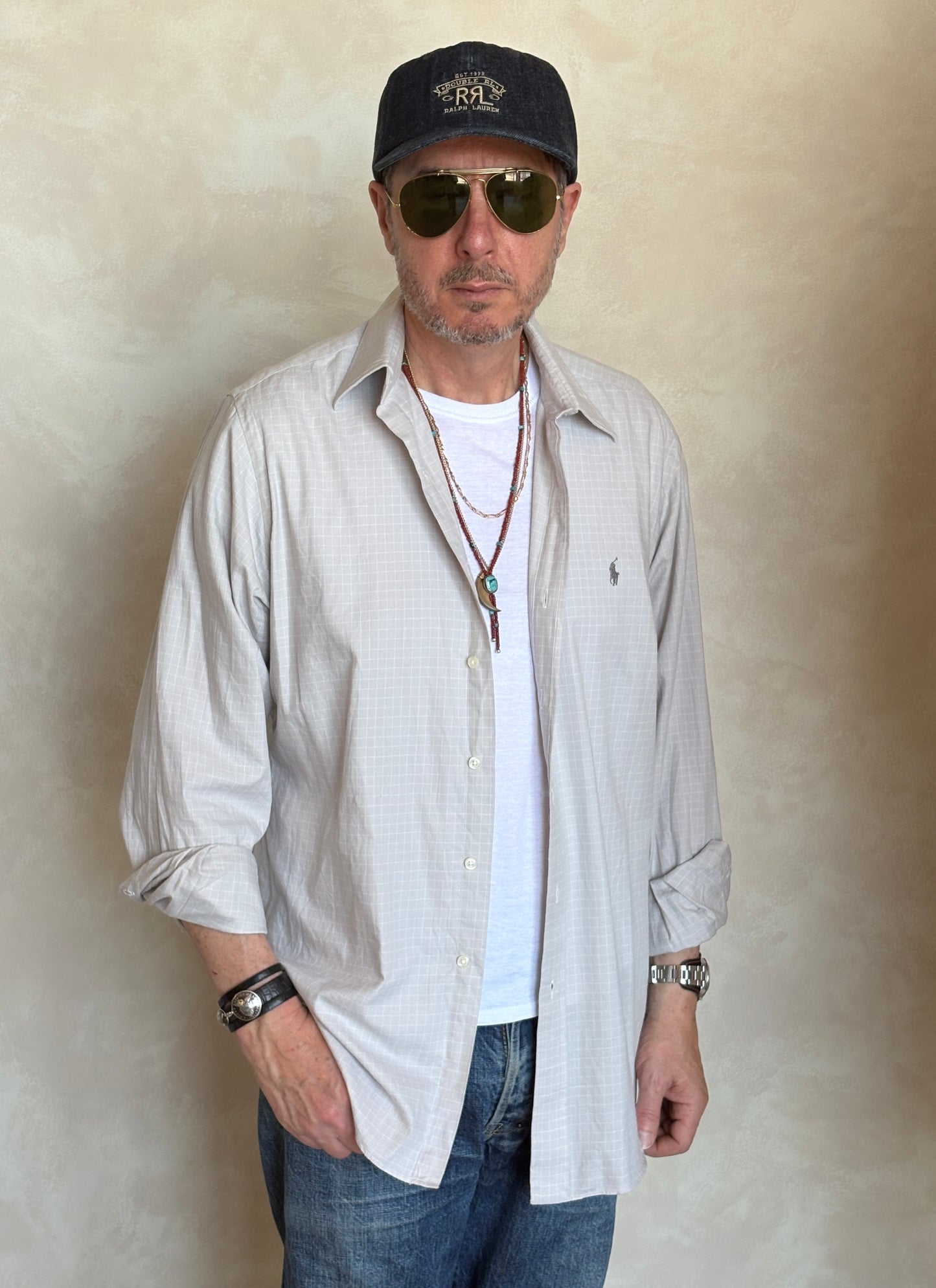 Polo by Ralph Lauren ANDREW Shirt 16-34/35 Large | Grey Windowpane Check Cotton | Vintage Mens Shirt