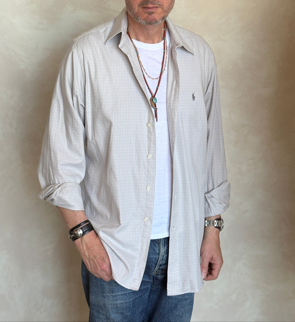 Polo by Ralph Lauren ANDREW Shirt 16-34/35 Large | Grey Windowpane Check Cotton | Vintage Mens Shirt-AJ357 Studio