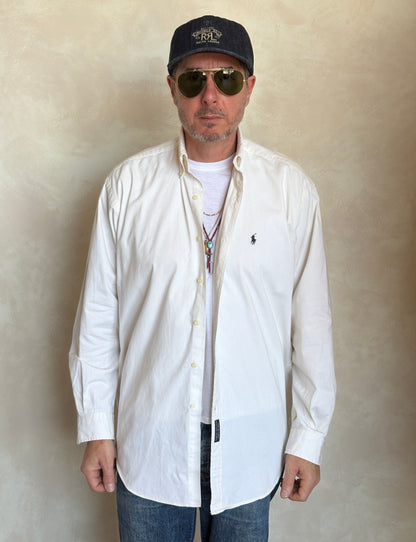 Ralph Lauren BLAIRE Button-Down Shirt Medium | Solid White Cotton | Made in USA | Mens Classic White Shirt