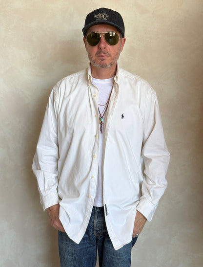 Ralph Lauren BLAIRE Button-Down Shirt Medium | Solid White Cotton | Made in USA | Mens Classic White Shirt