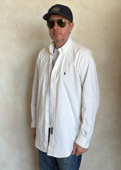 Ralph Lauren BLAIRE Button-Down Shirt Medium | Solid White Cotton | Made in USA | Mens Classic White Shirt