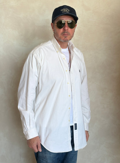 Ralph Lauren BLAIRE Button-Down Shirt Medium | Solid White Cotton | Made in USA | Mens Classic White Shirt