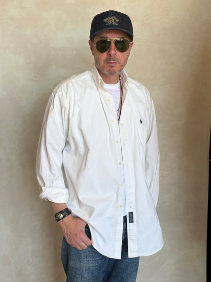 Ralph Lauren BLAIRE Button-Down Shirt Medium | Solid White Cotton | Made in USA | Mens Classic White Shirt