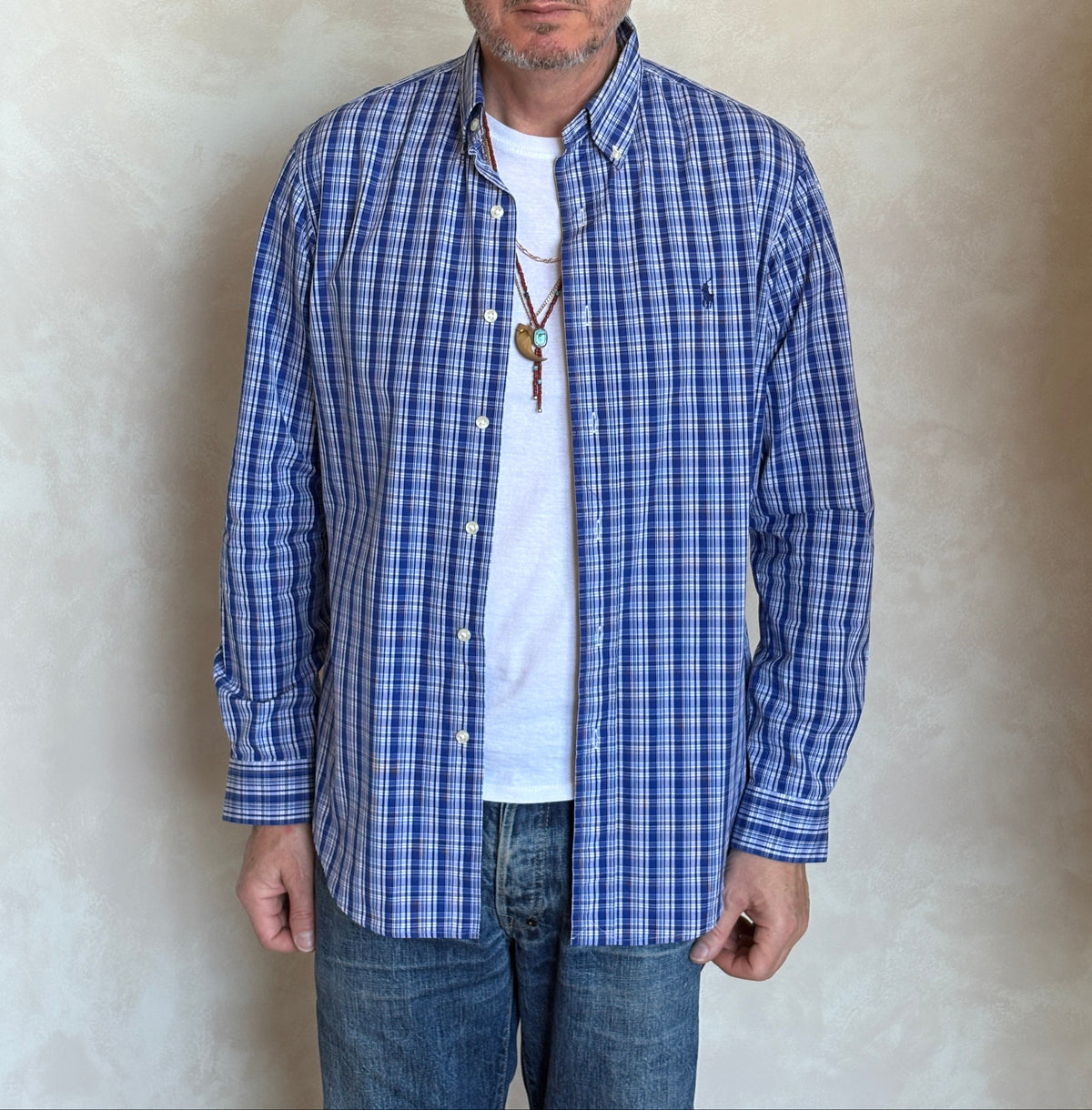 Ralph Lauren Custom Fit Button-Down Shirt Medium | Blue Plaid Cotton | Mens Classic Shirt-AJ357 Studio