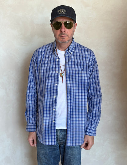 Ralph Lauren Custom Fit Button-Down Shirt Medium | Blue Plaid Cotton | Mens Classic Shirt