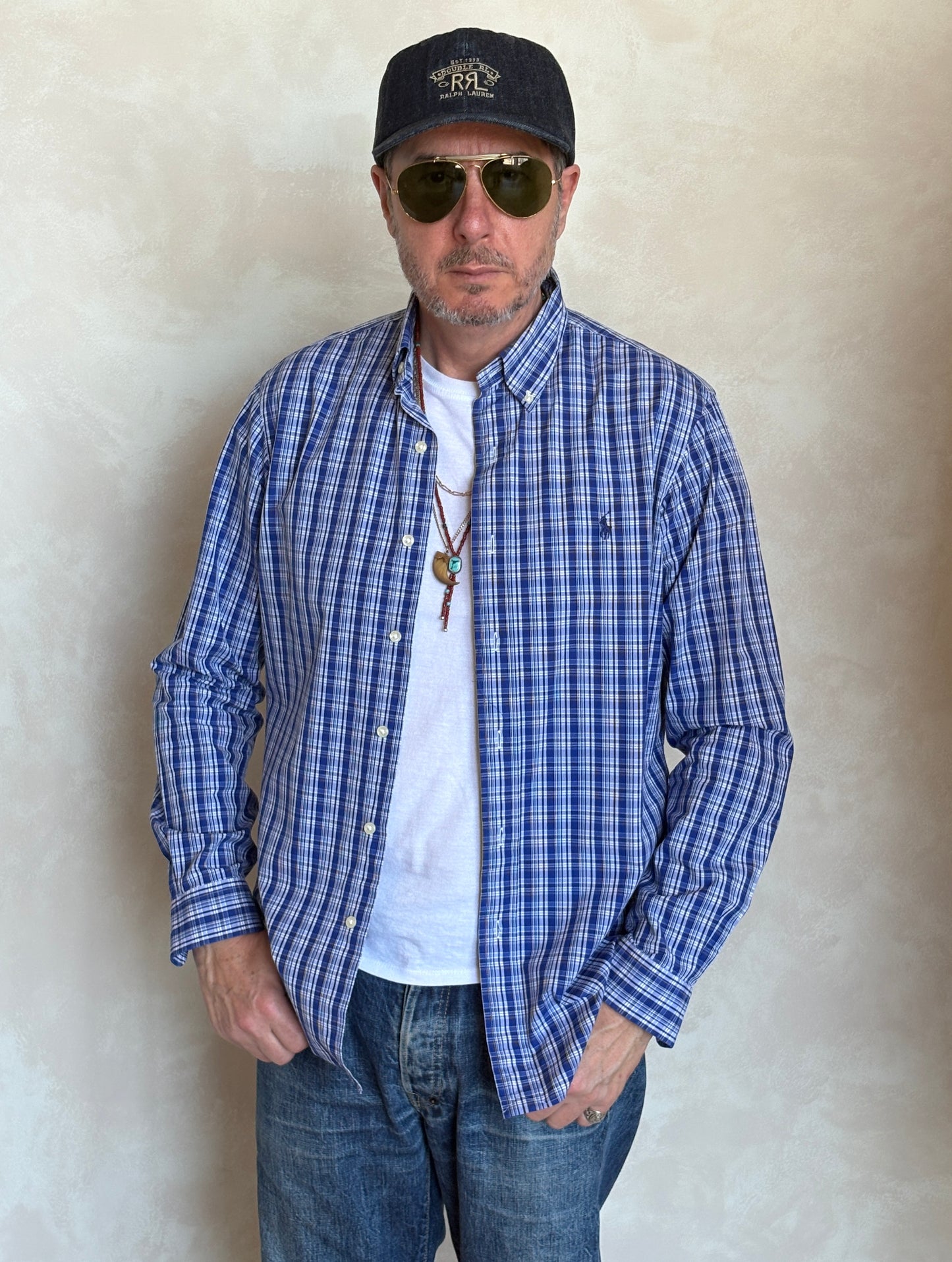Ralph Lauren Custom Fit Button-Down Shirt Medium | Blue Plaid Cotton | Mens Classic Shirt