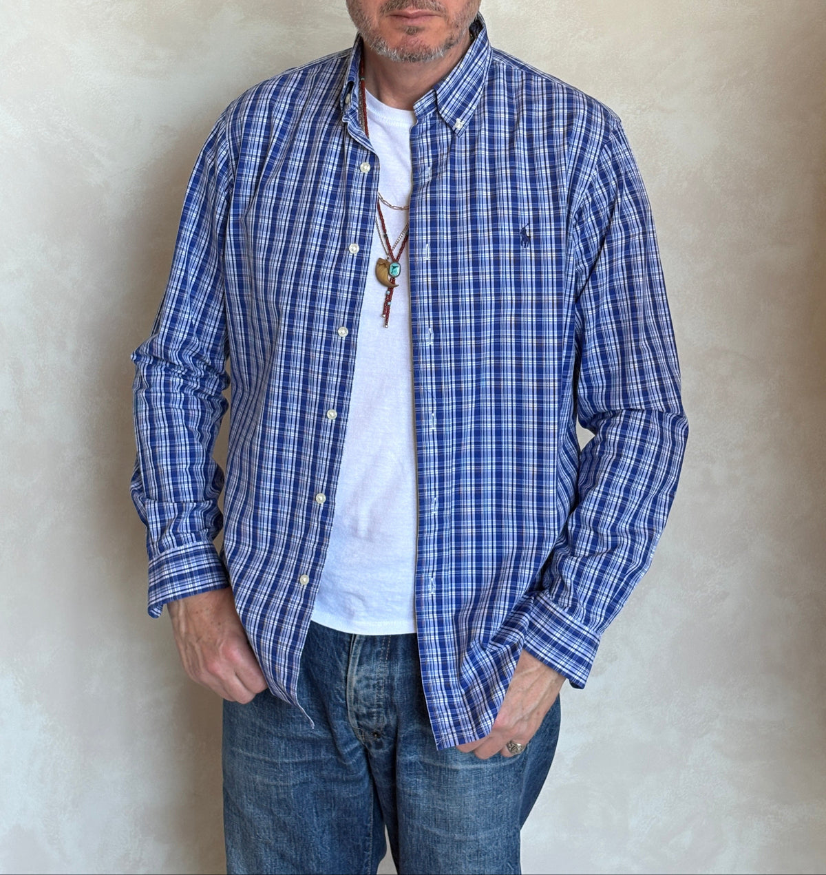 Ralph Lauren Custom Fit Button-Down Shirt Medium | Blue Plaid Cotton | Mens Classic Shirt-AJ357 Studio