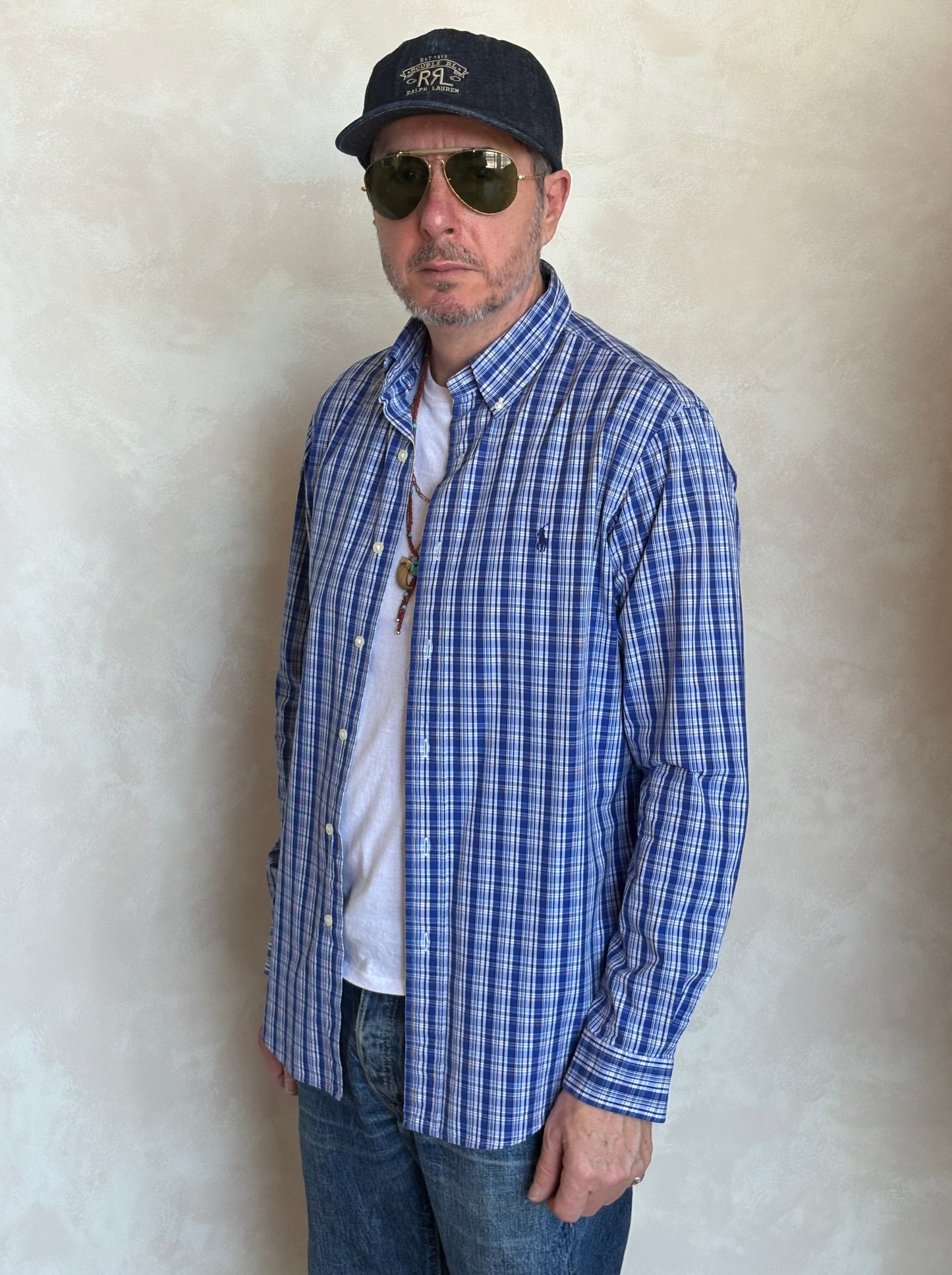 Ralph Lauren Custom Fit Button-Down Shirt Medium | Blue Plaid Cotton | Mens Classic Shirt