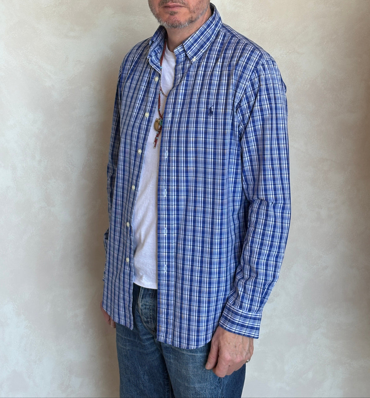 Ralph Lauren Custom Fit Button-Down Shirt Medium | Blue Plaid Cotton | Mens Classic Shirt-AJ357 Studio