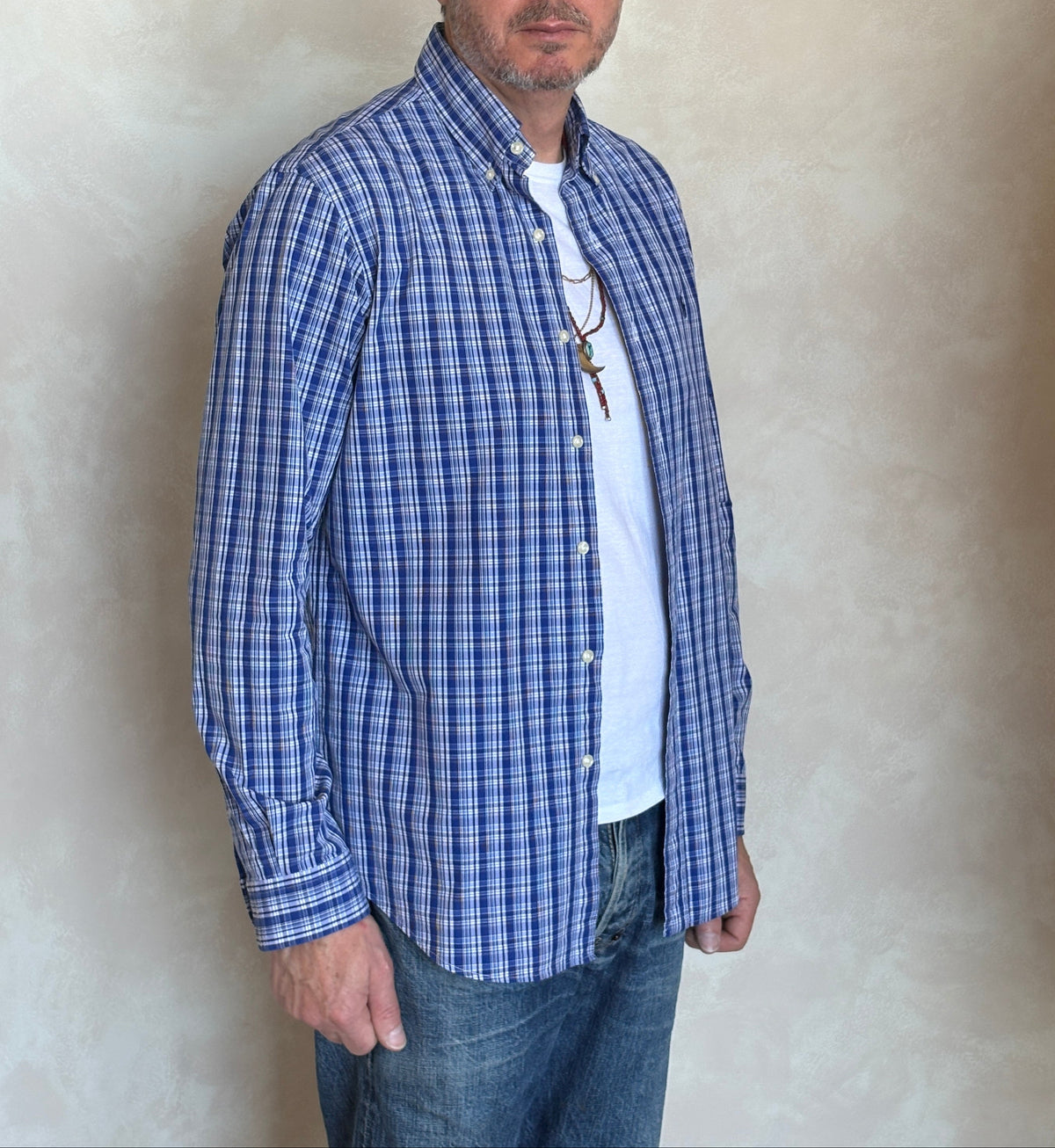 Ralph Lauren Custom Fit Button-Down Shirt Medium | Blue Plaid Cotton | Mens Classic Shirt-AJ357 Studio