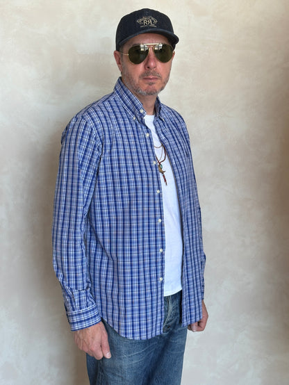Ralph Lauren Custom Fit Button-Down Shirt Medium | Blue Plaid Cotton | Mens Classic Shirt