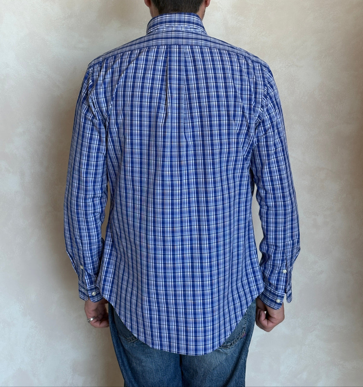 Ralph Lauren Custom Fit Button-Down Shirt Medium | Blue Plaid Cotton | Mens Classic Shirt-AJ357 Studio