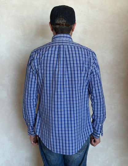 Ralph Lauren Custom Fit Button-Down Shirt Medium | Blue Plaid Cotton | Mens Classic Shirt