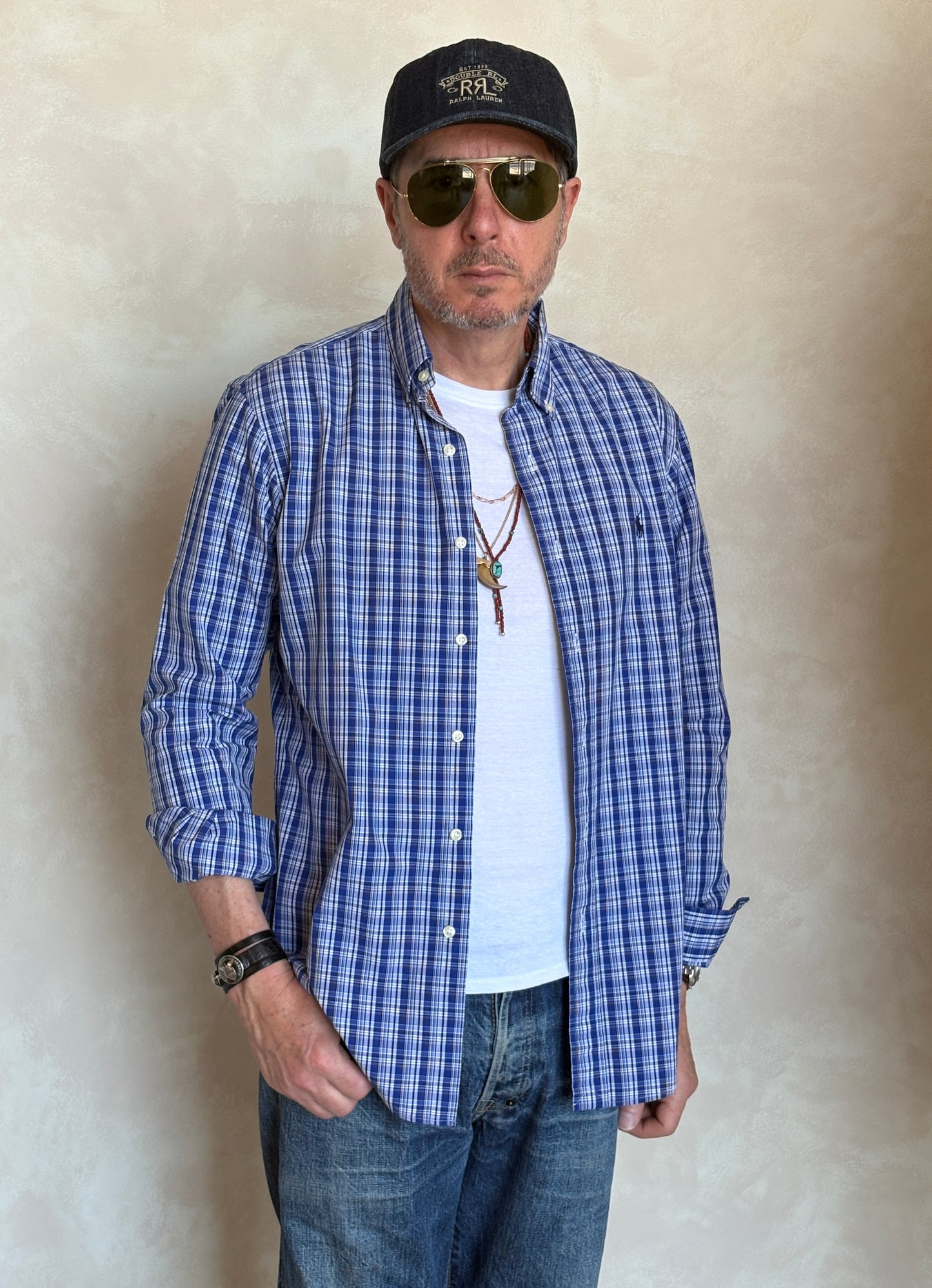 Ralph Lauren Custom Fit Button-Down Shirt Medium | Blue Plaid Cotton | Mens Classic Shirt