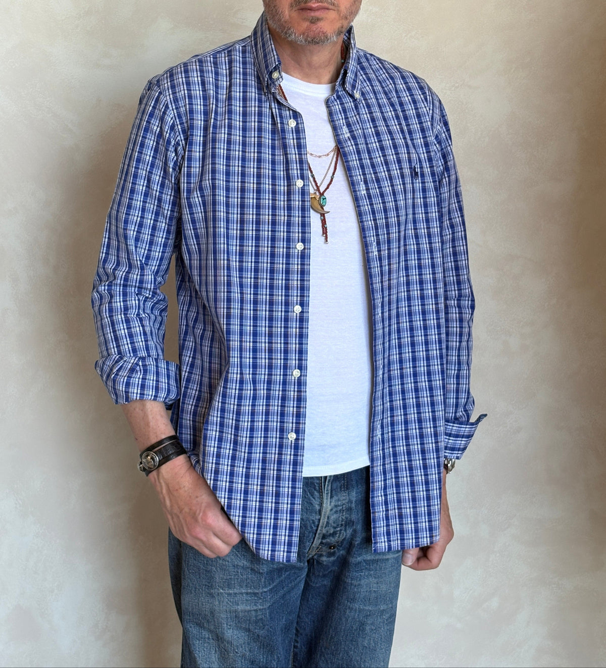 Ralph Lauren Custom Fit Button-Down Shirt Medium | Blue Plaid Cotton | Mens Classic Shirt-AJ357 Studio