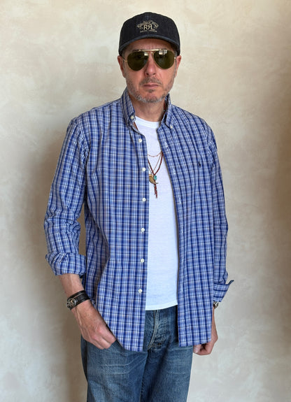 Ralph Lauren Custom Fit Button-Down Shirt Medium | Blue Plaid Cotton | Mens Classic Shirt
