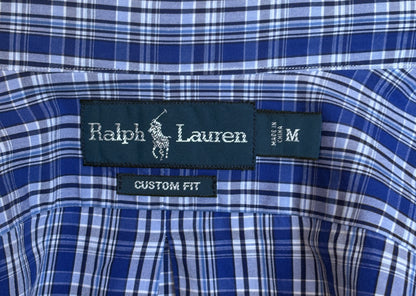 Ralph Lauren Custom Fit Button-Down Shirt Medium | Blue Plaid Cotton | Mens Classic Shirt