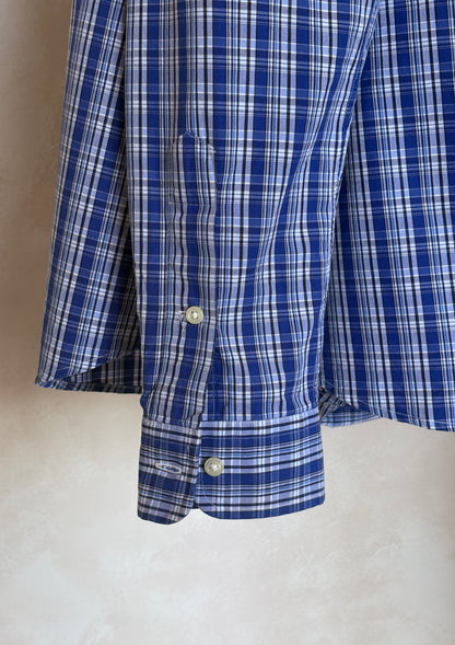 Ralph Lauren Custom Fit Button-Down Shirt Medium | Blue Plaid Cotton | Mens Classic Shirt