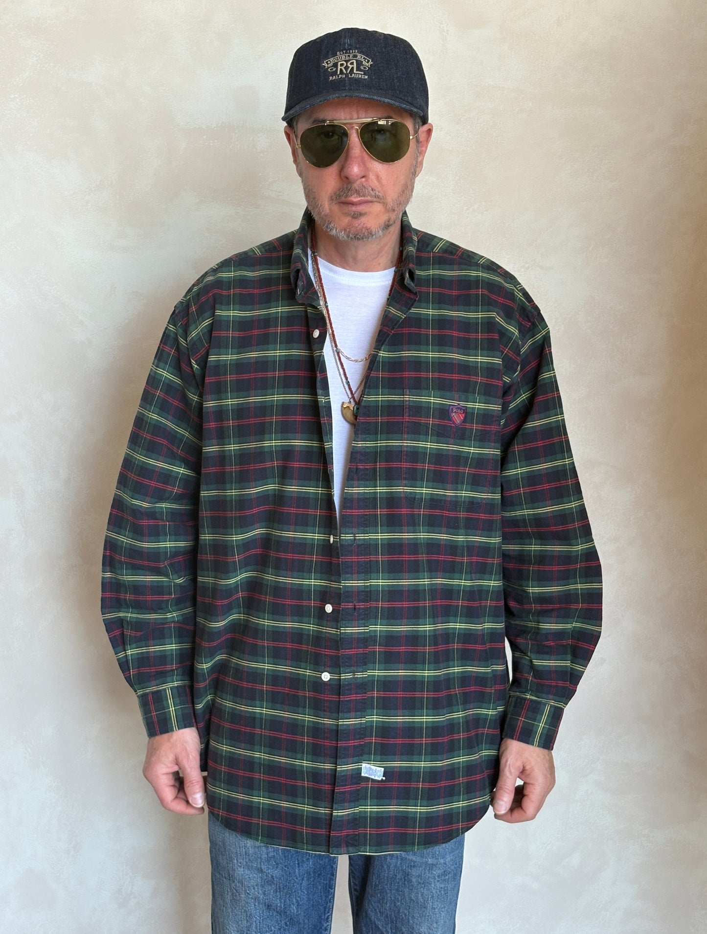 Ralph Lauren The Big Shirt Large | Dark Green Tartan Plaid Cotton | Polo Shield Logo | Vintage Oversized Mens Shirt
